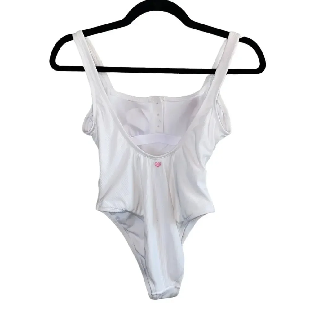 Stoney Clover Lane x Target White Ribbed Bodysuit XS Pink Button Y2K Coquette